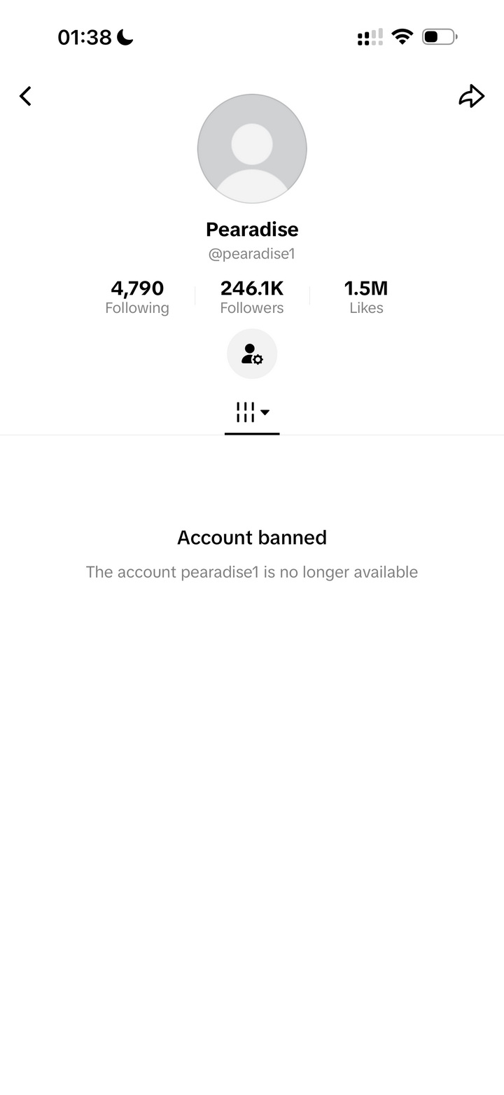 Screenshot showing the permanent ban of Pearadise1